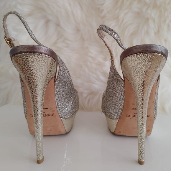 Jimmy Choo Silver Glitter Fabric Platform Peep Toe - Picture 4 of 4